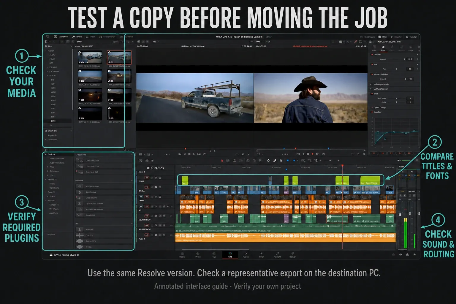 Resolve Media Pool, title track, Effects library and audio meters to check after moving a project to Windows ARM