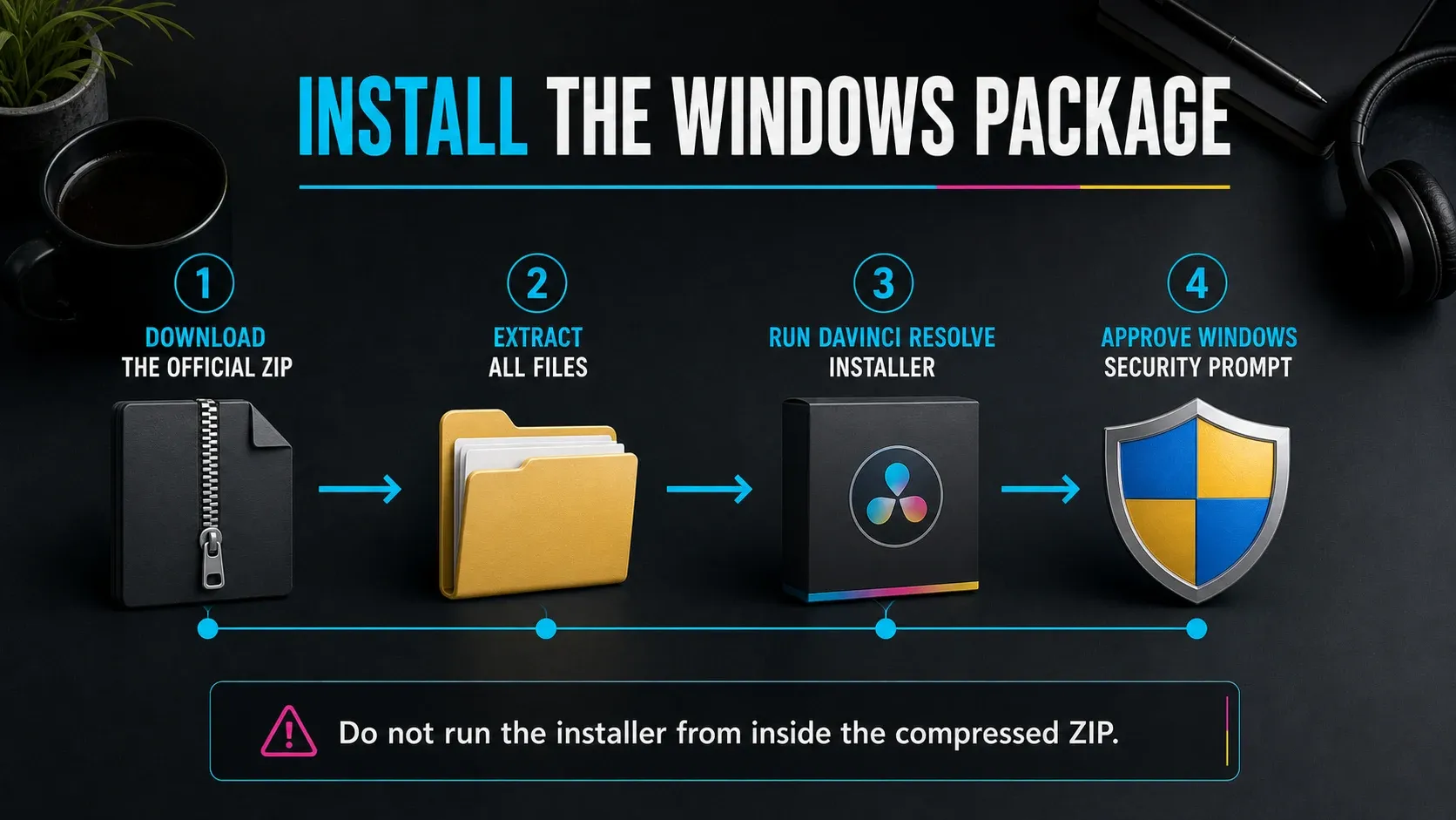 DaVinci Resolve Windows ZIP extraction and installer approval steps