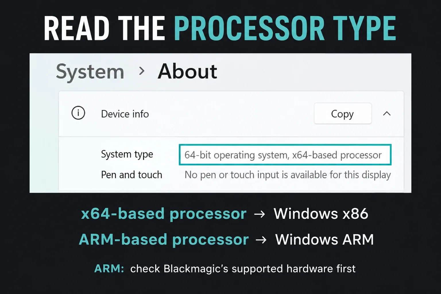 Windows System type x64-based processor mapped to the Resolve Windows x86 download