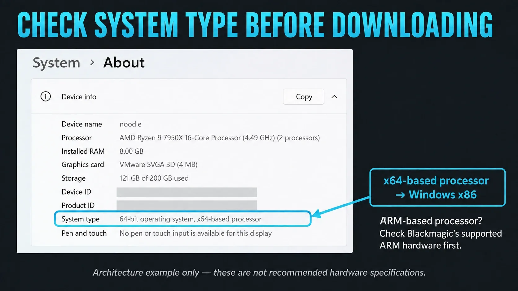 Windows 11 System type showing a 64-bit operating system and x64-based processor for the Resolve Windows x86 download