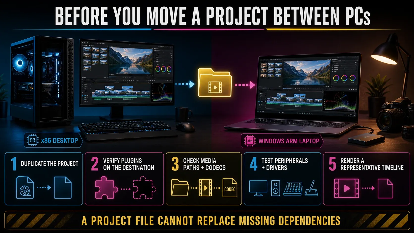 Safe DaVinci Resolve project move from Windows x86 to ARM with dependency and render tests