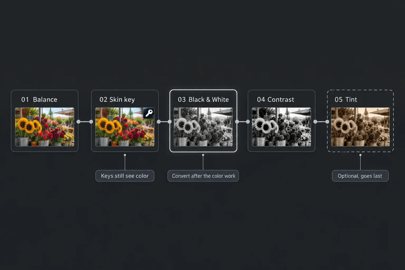 Node tree: Balance and Skin key nodes working in color, then a black and white node, a contrast node and an optional tint node after it