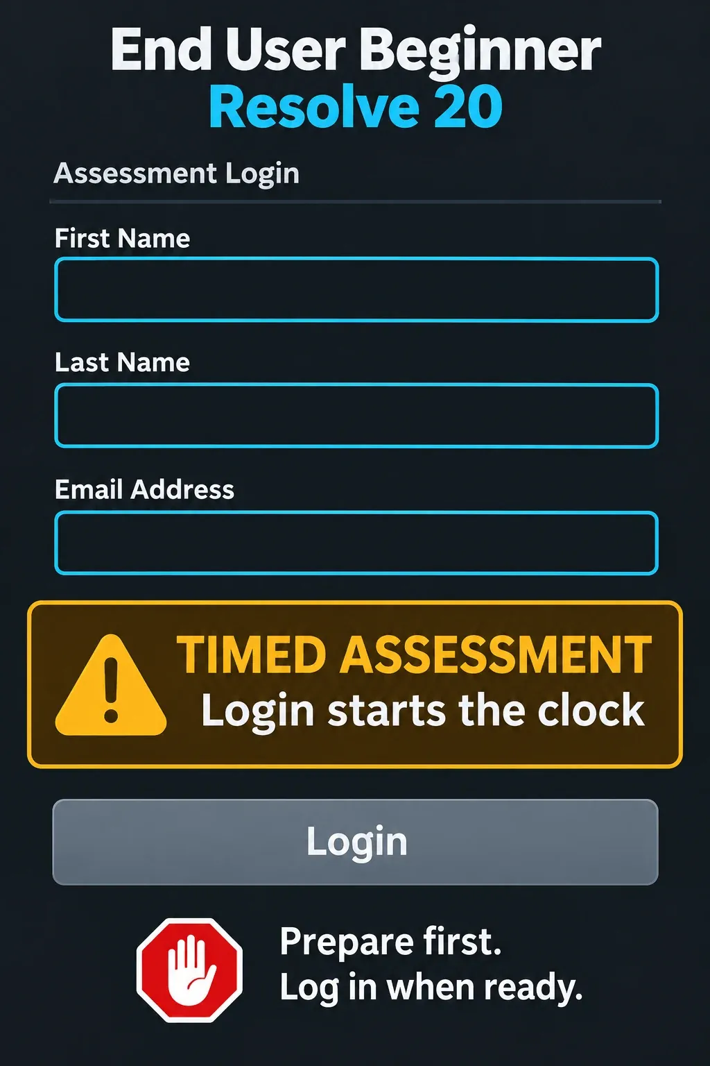 The Beginner Resolve 20 assessment login includes identity fields and a warning that Login starts the timed assessment.