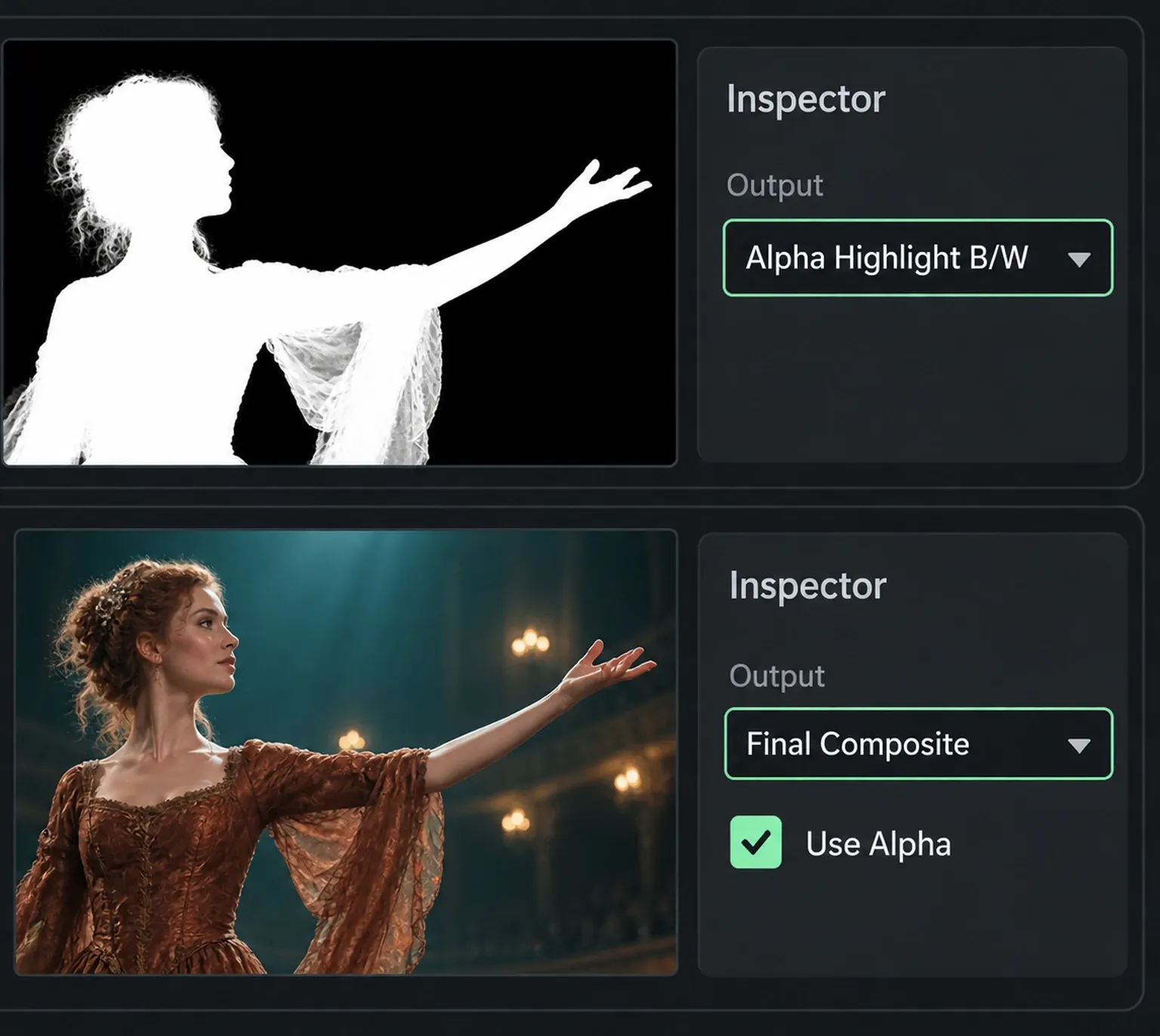 3D Keyer output controls showing Alpha Highlight B/W for matte inspection and Final Composite with Use Alpha checked for the theatre replacement view.