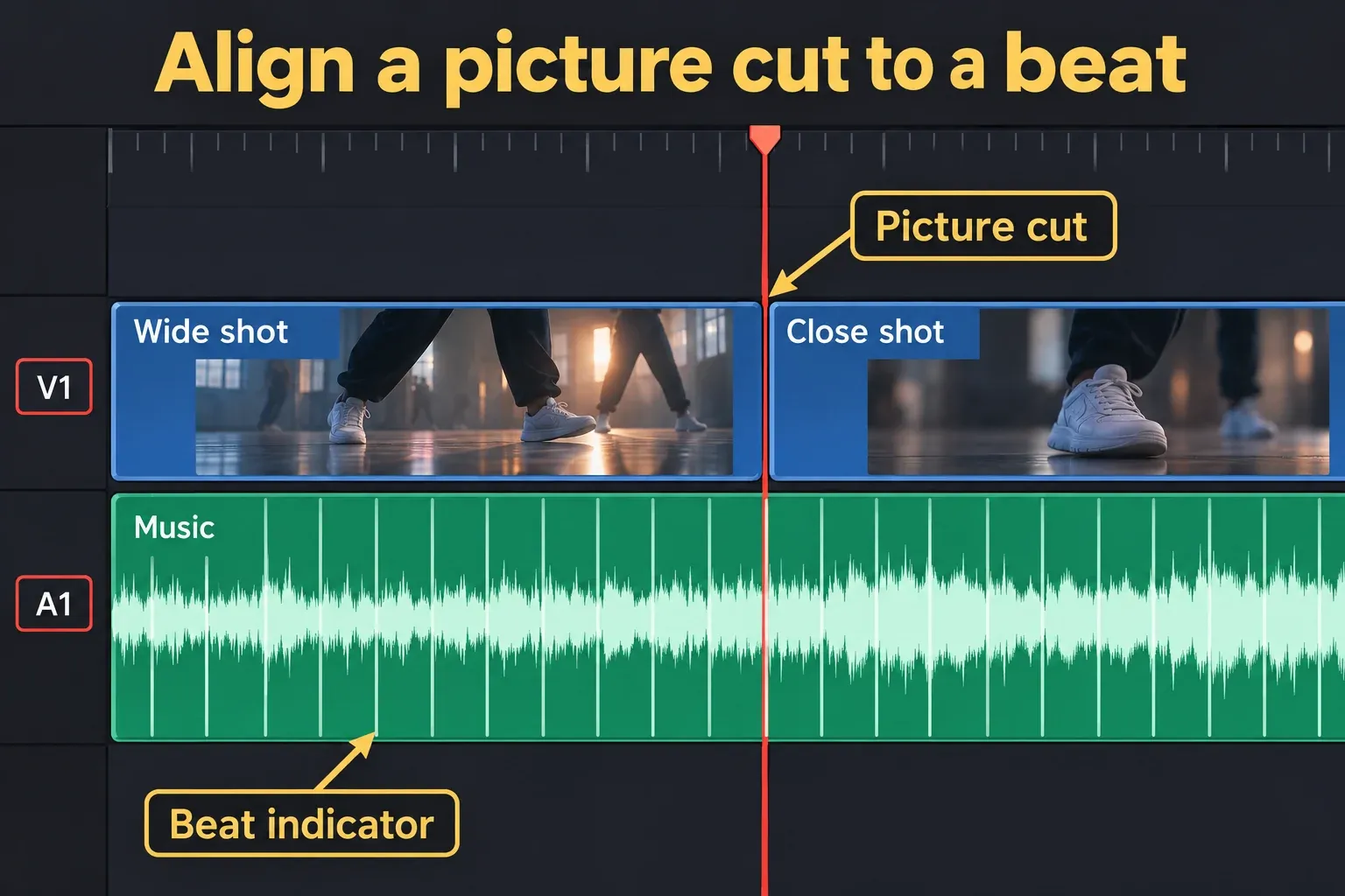 A picture edit aligned with one beat-indicator line on the music clip in the Edit timeline.