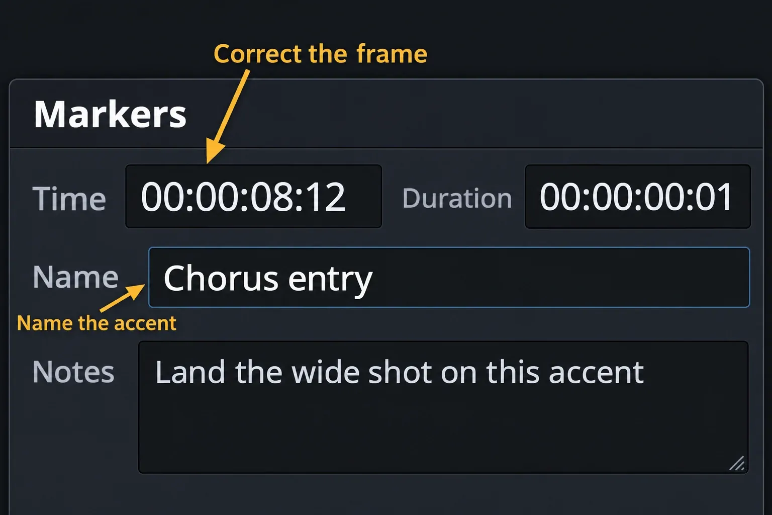 Marker Time and Name fields with a Chorus entry label and notes for a musical accent.