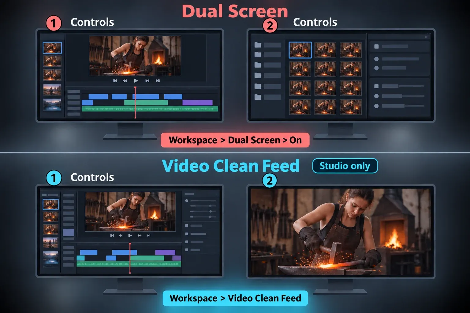 Dual Screen uses two displays for Resolve panels; Studio Video Clean Feed uses a secondary display for the full-screen picture.