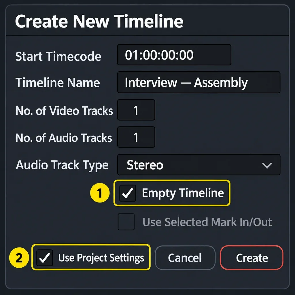 Create New Timeline dialog with Empty Timeline and Use Project Settings checked