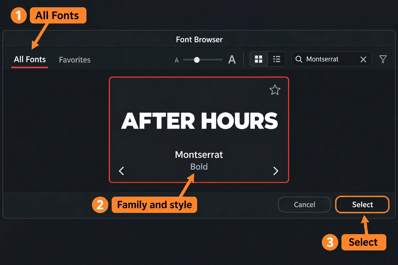 Resolve Font Browser with All Fonts active, a Montserrat search, style arrows, and the Select button.