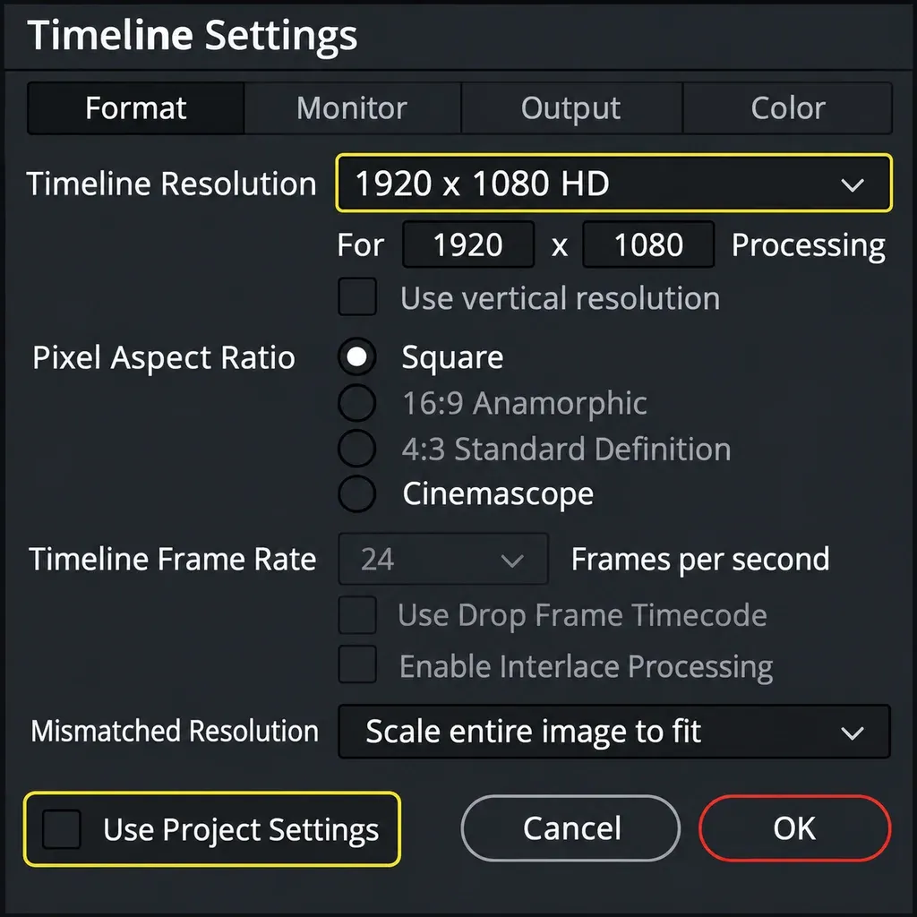 Timeline Settings Format panel with individual resolution, a gray frame-rate control and Use Project Settings unchecked