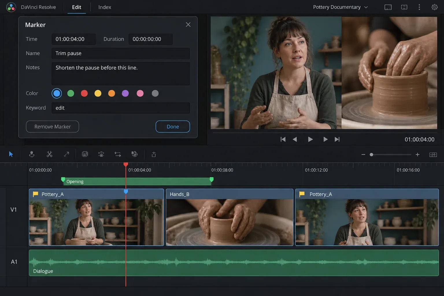 Resolve timeline with a yellow flag on two uses of Pottery_A, a blue marker on one clip, and a green duration marker on the ruler; the marker dialog names a pause to trim.
