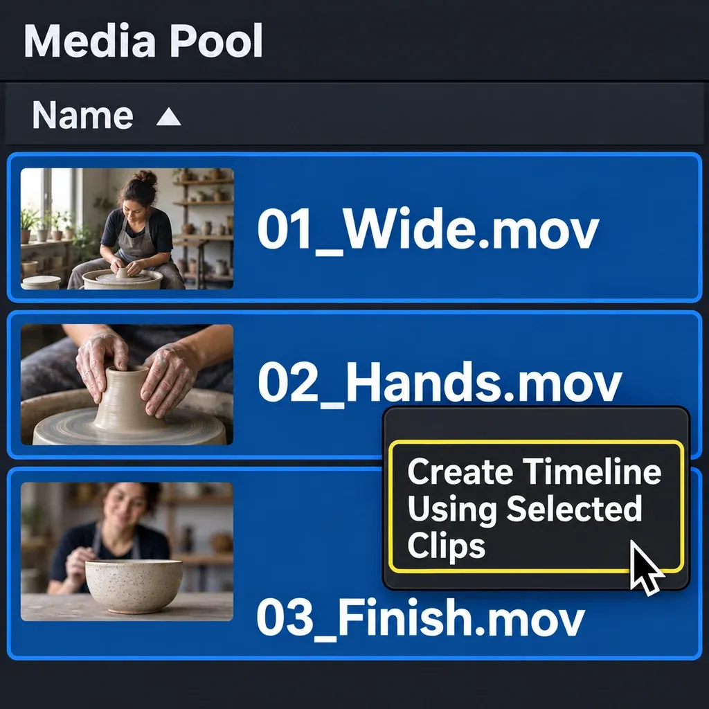 Media Pool source clips selected above the Create Timeline Using Selected Clips command