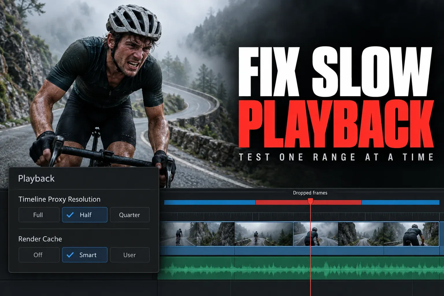 Cyclist climbing a foggy mountain road, beside a Playback menu with Timeline Proxy Resolution Half and Render Cache Smart, above a timeline with a red uncached stretch