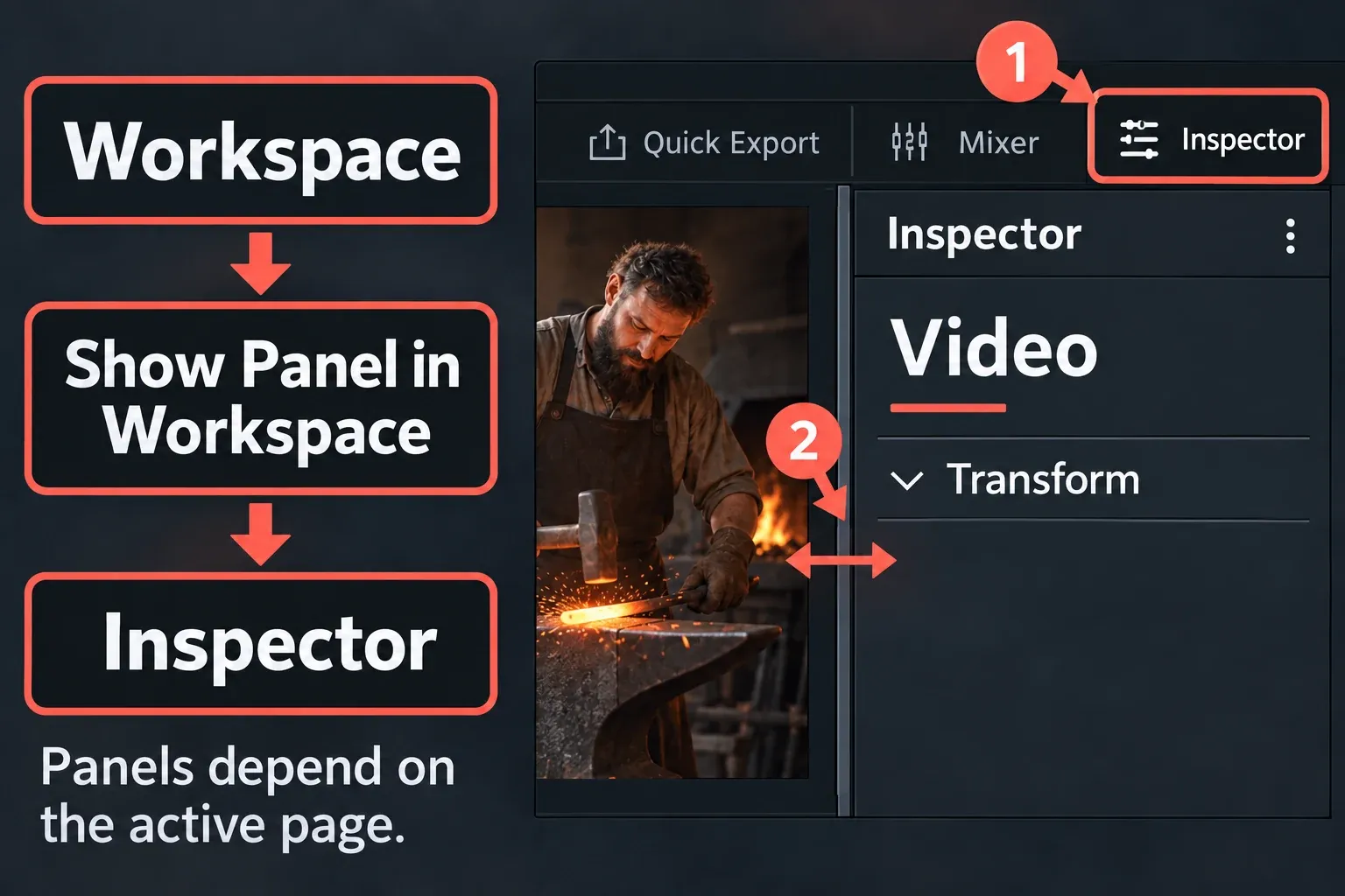 Resolve Edit-page Inspector button and Workspace menu path for showing a hidden panel.