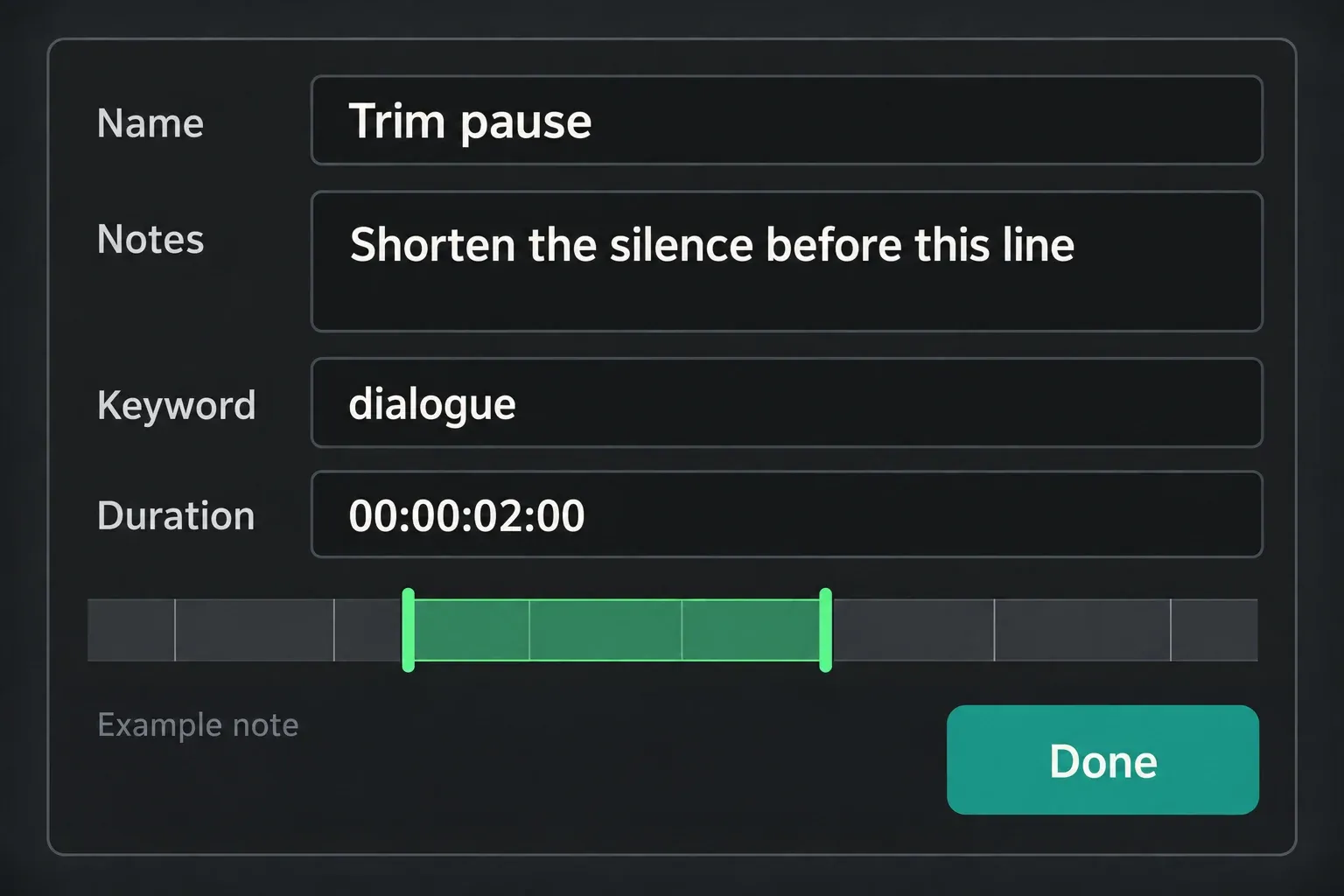 Marker dialog with an actionable name, a specific note, a keyword and a duration.