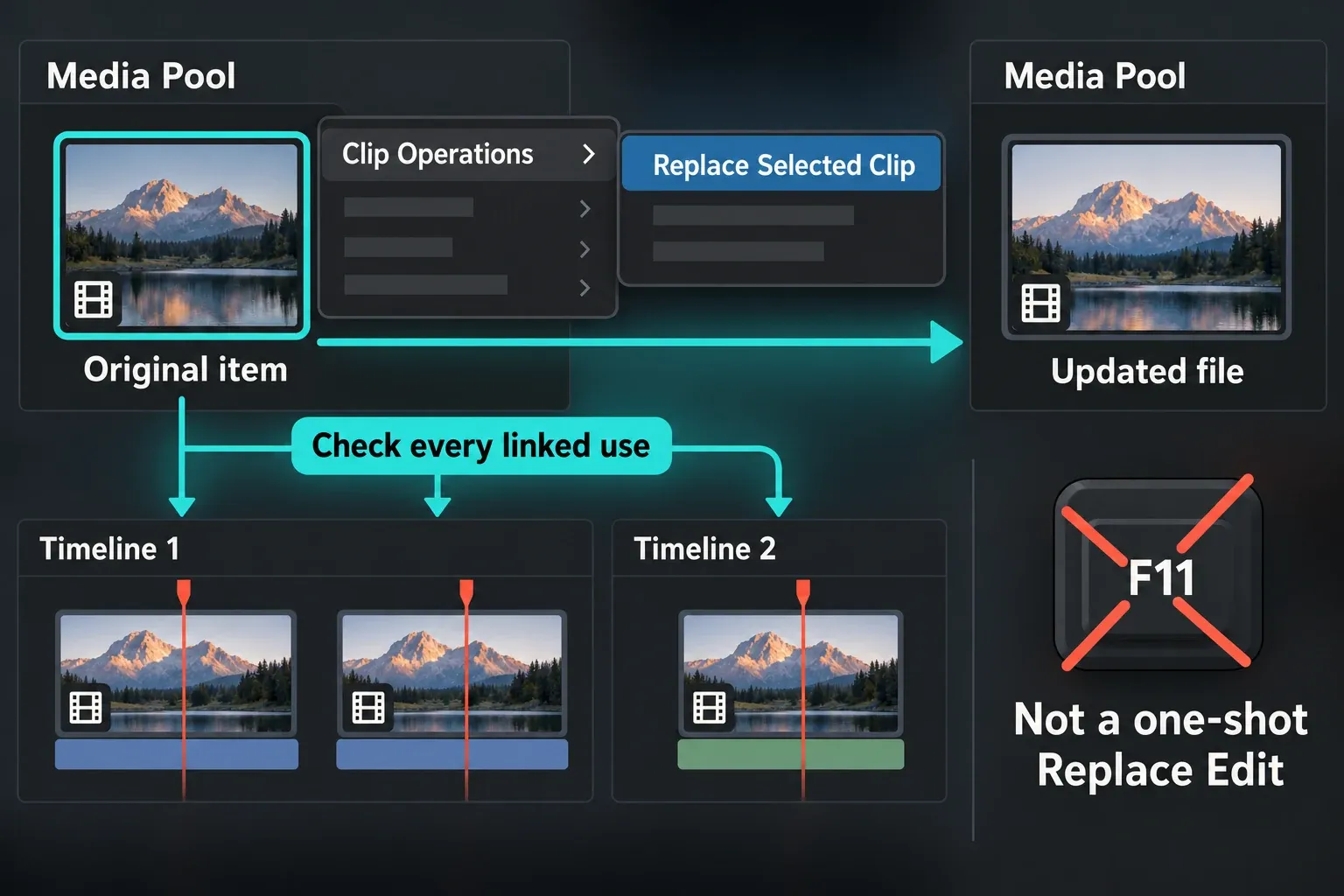 Replace Selected Clip updates the file behind the original Media Pool item and its linked uses.