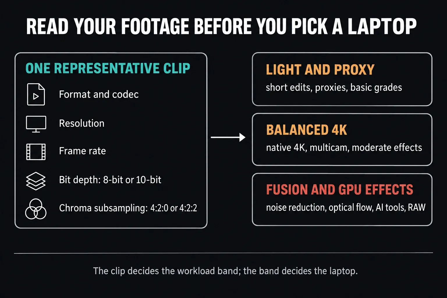 Five footage properties, format and codec, resolution, frame rate, bit depth and chroma subsampling, mapped to light and proxy, balanced 4K and Fusion and GPU effects workload bands