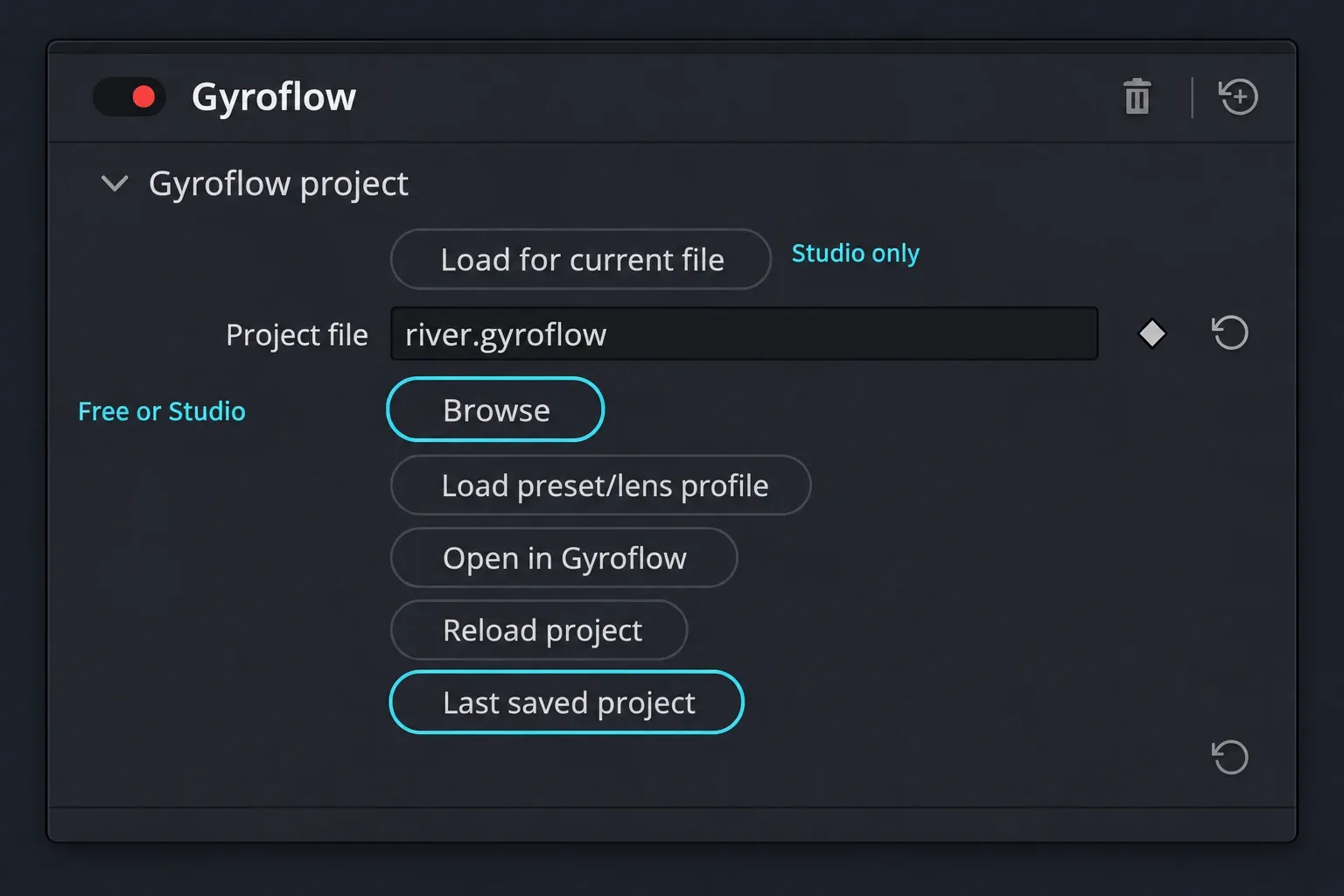 Gyroflow project controls in Resolve with Browse highlighted, Last saved project below it and Load for current file identified as Studio only.