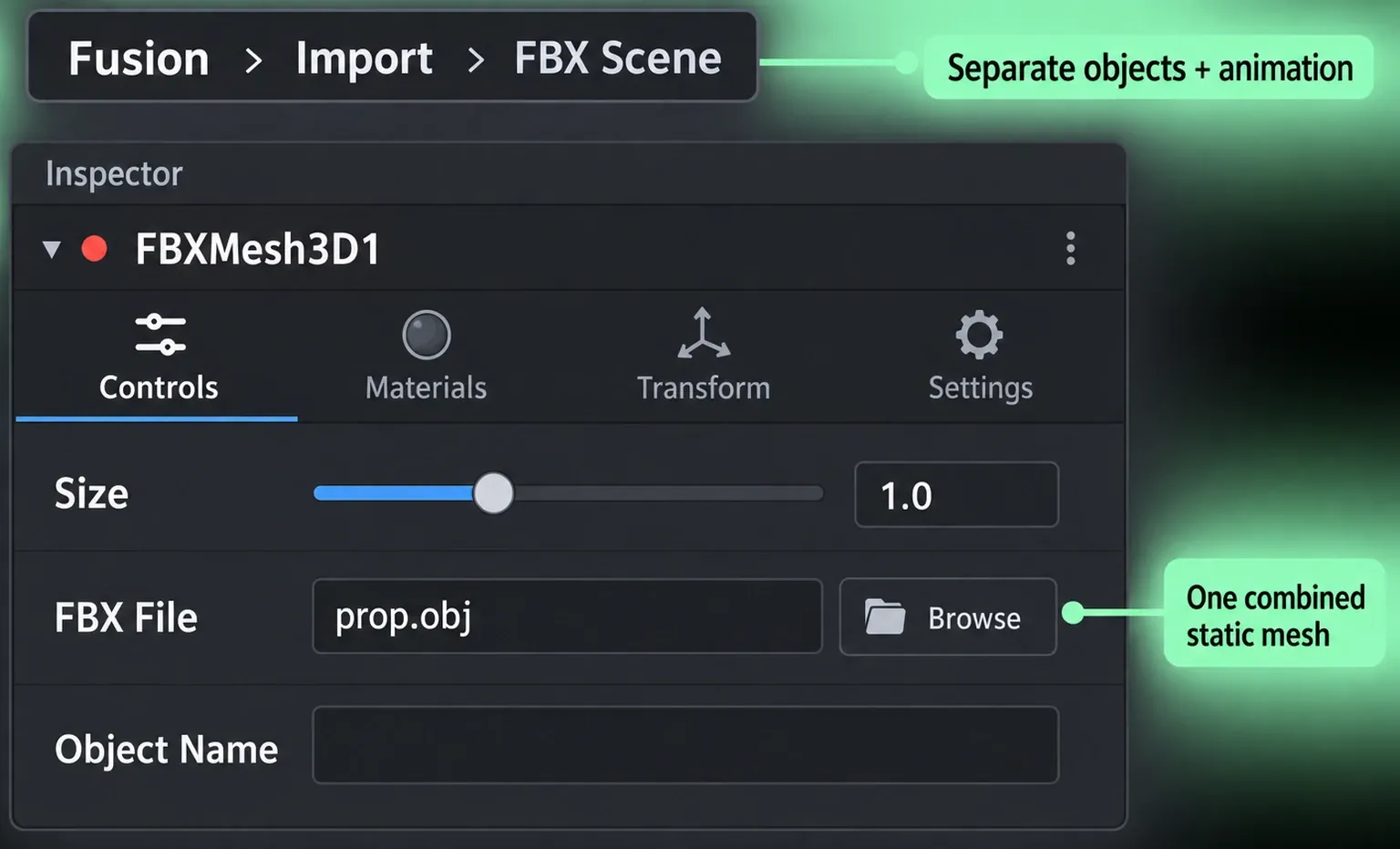FBX Mesh 3D Inspector with Size and FBX File controls, beside the Fusion Import FBX Scene route.