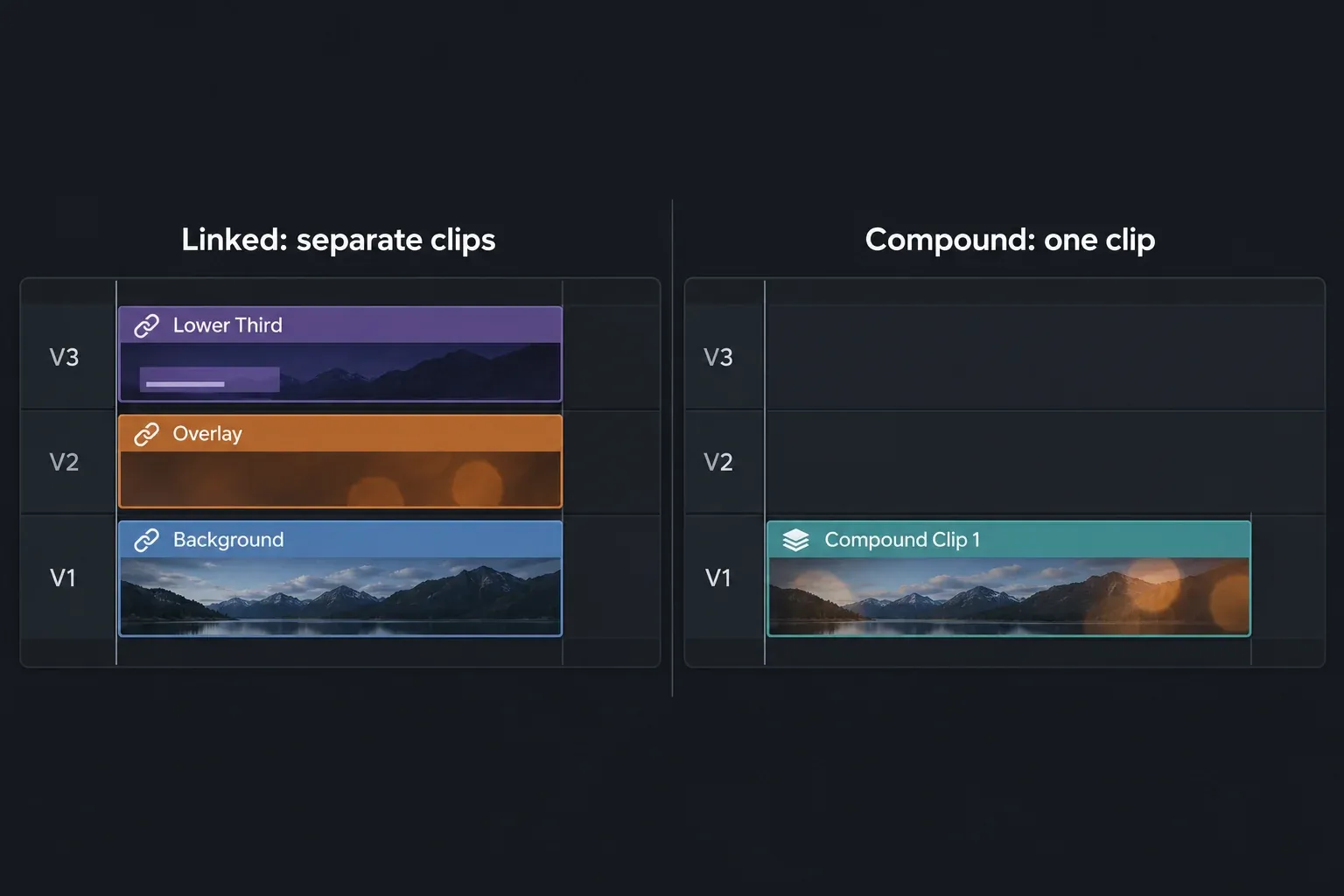 Two timelines compared: three linked clips named Lower Third, Overlay and Background stacked on V3, V2 and V1, and a single clip named Compound Clip 1 on V1