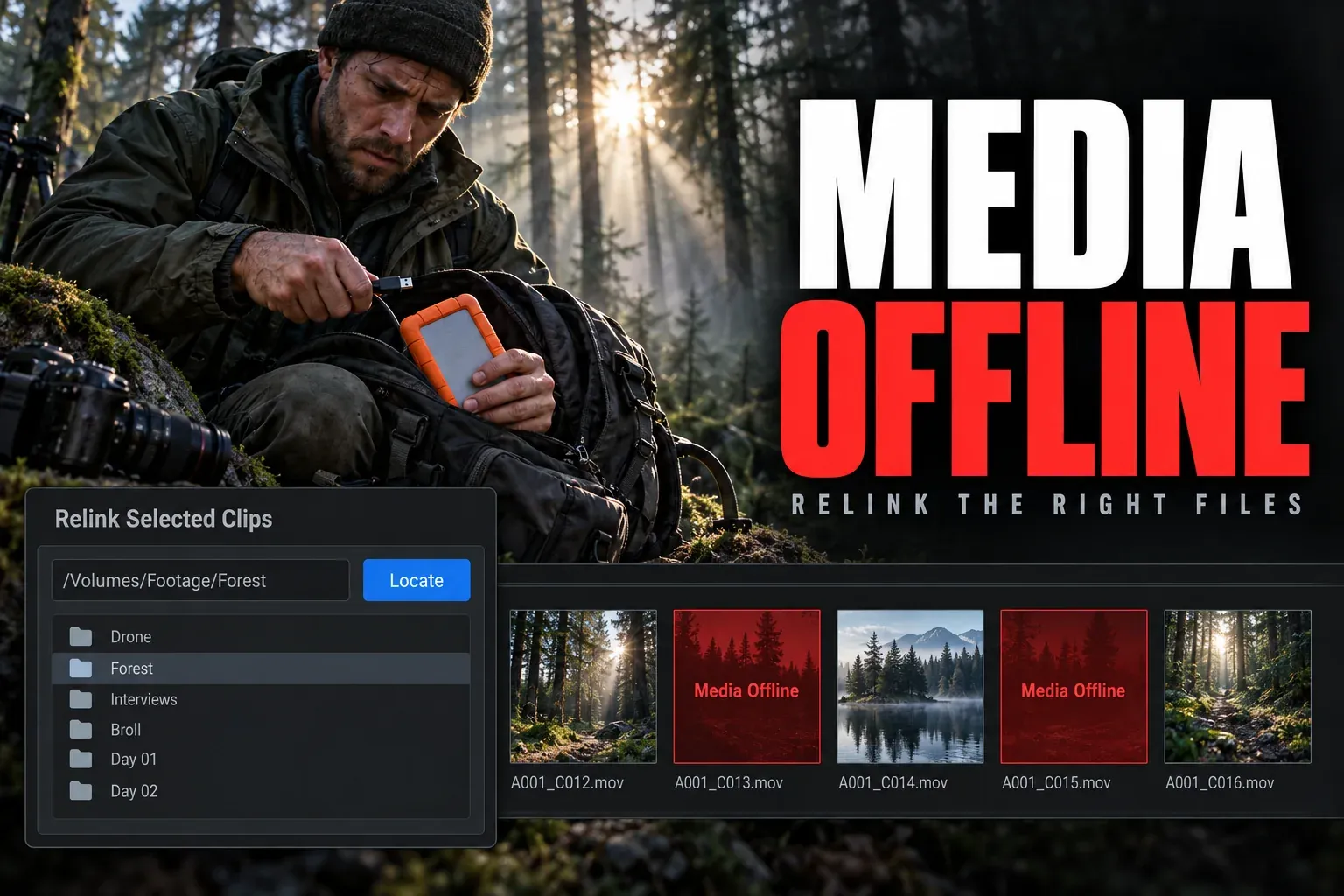 Wildlife filmmaker in a misty forest unplugging an orange drive, beside a Relink Selected Clips dialog, above a media pool strip where two clips show Media Offline in red
