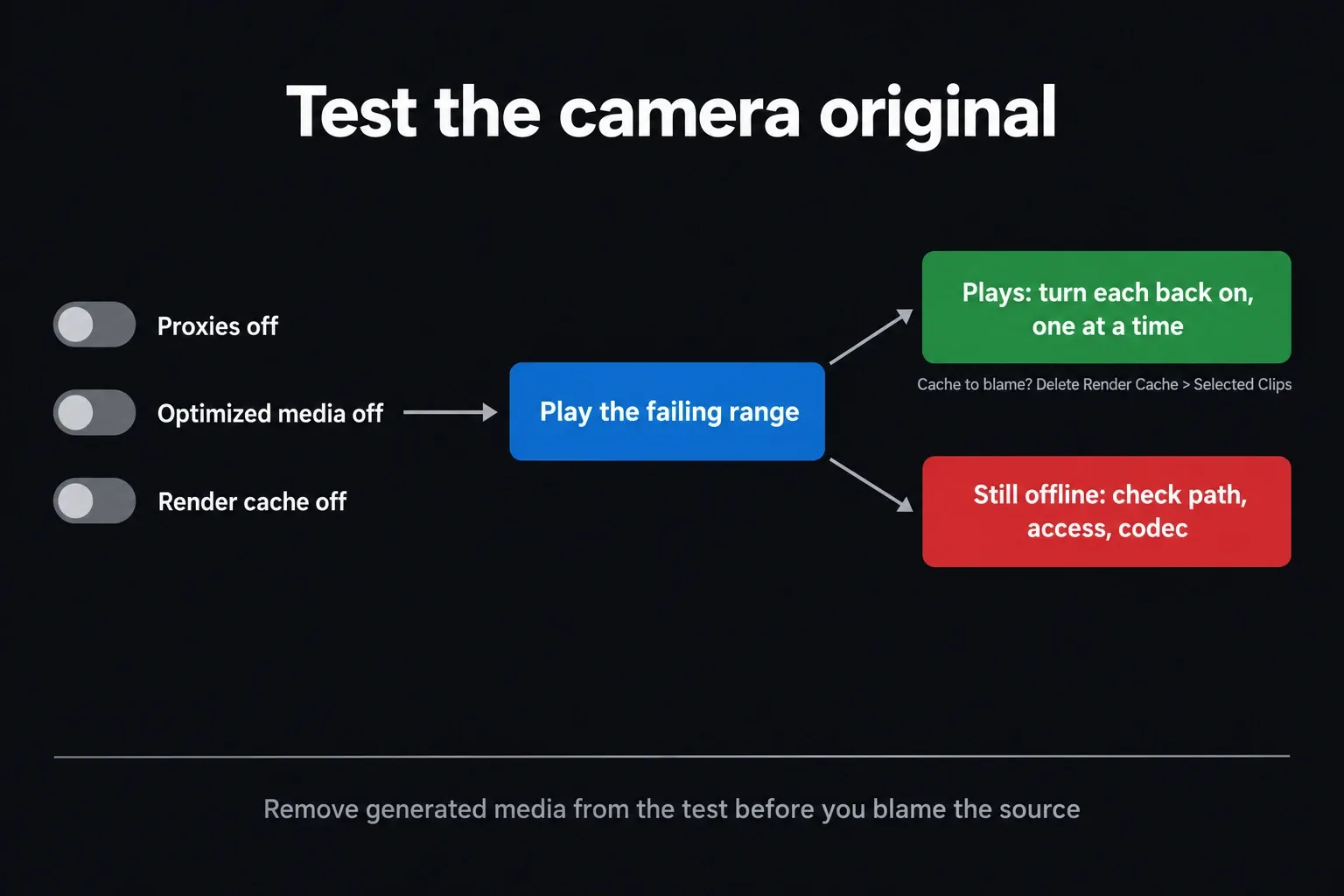 Original-only playback test: proxies, optimized media and render cache off, play the failing range, then re-enable each option or move on to path, access and codec checks