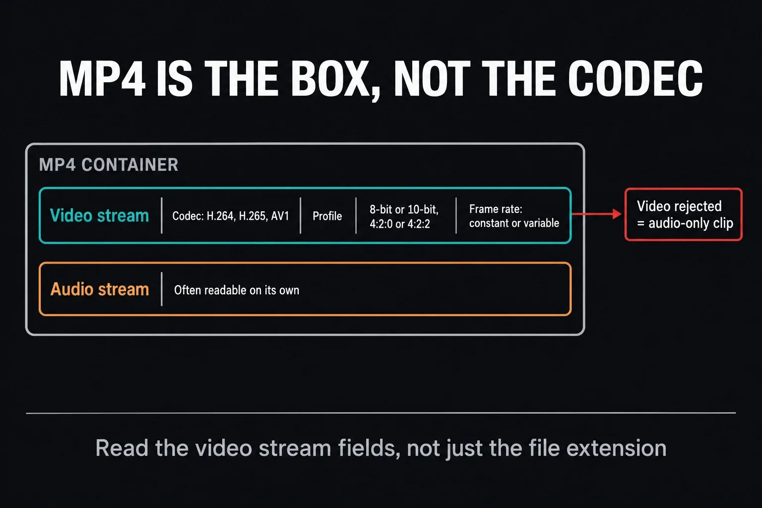 MP4 container holding a video stream with codec, profile, bit depth, chroma and frame-rate fields next to a separate audio stream