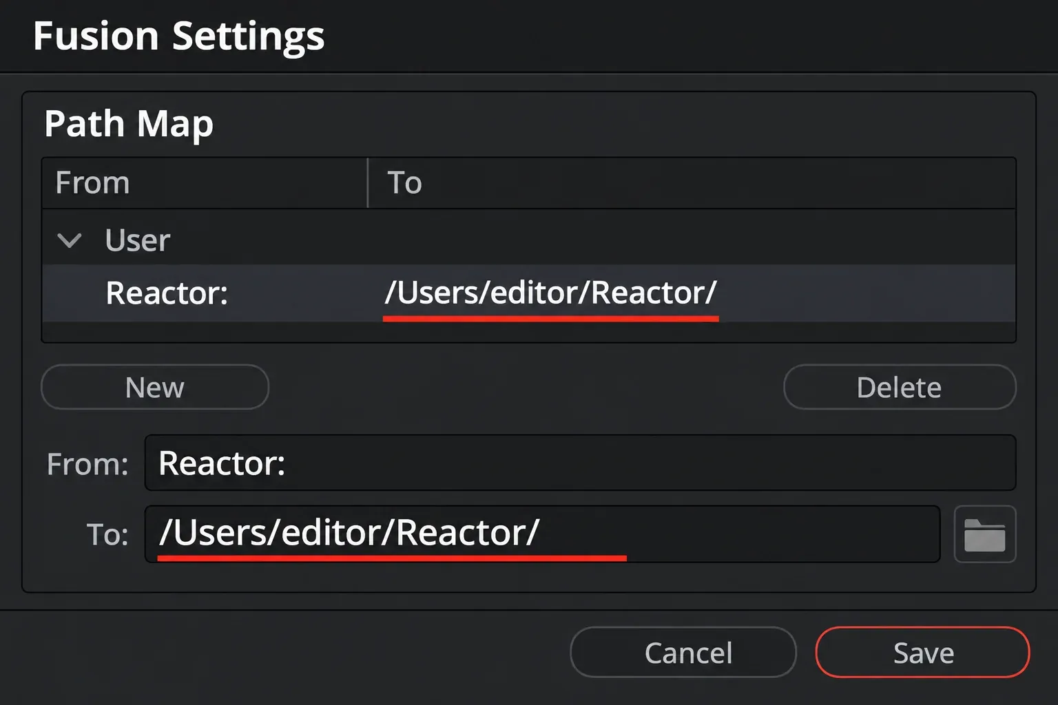 Fusion Settings Path Map showing Reactor: mapped to an example user’s Reactor content folder.