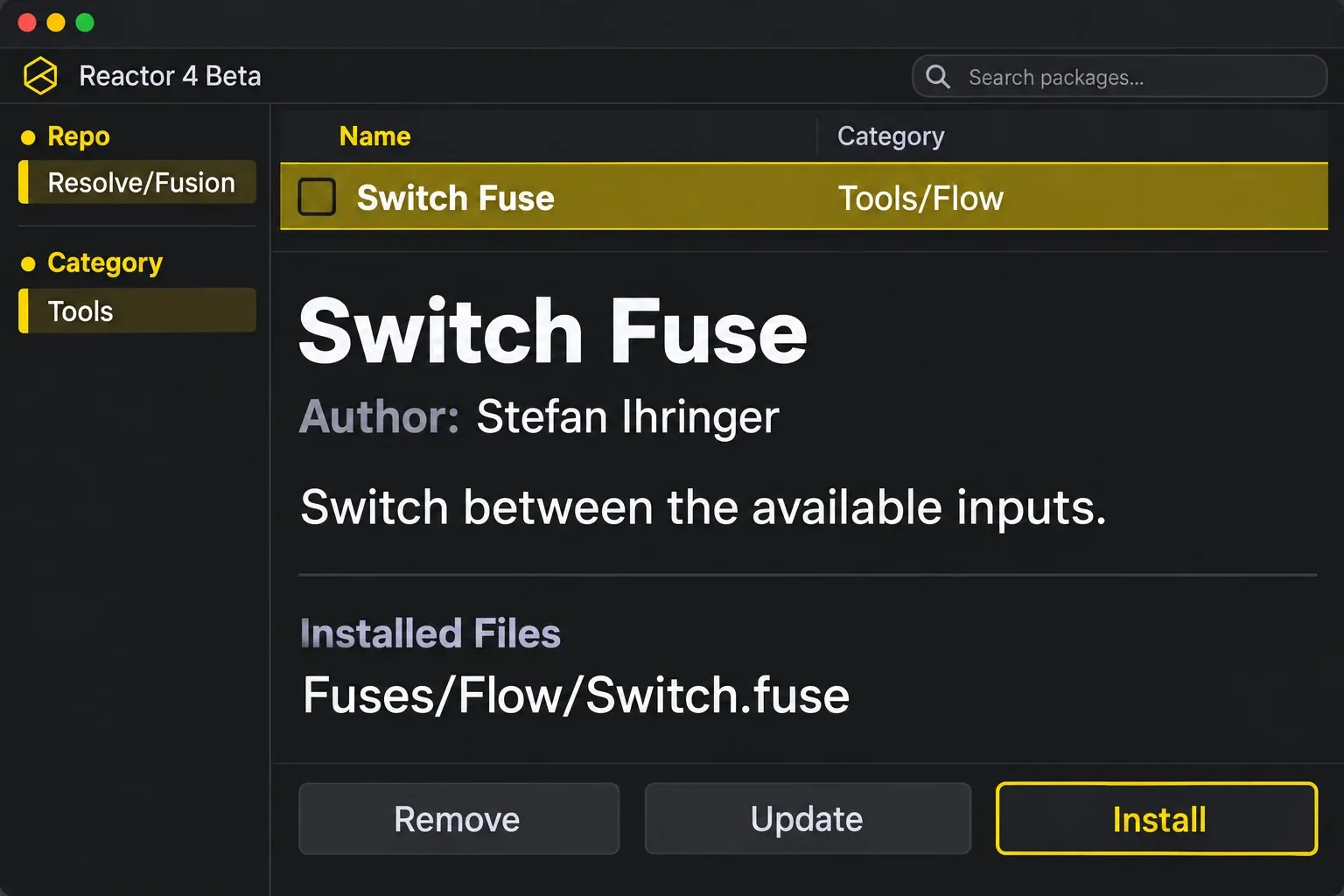 Reactor Resolve/Fusion package browser showing Switch Fuse and its Fuses/Flow/Switch.fuse file.