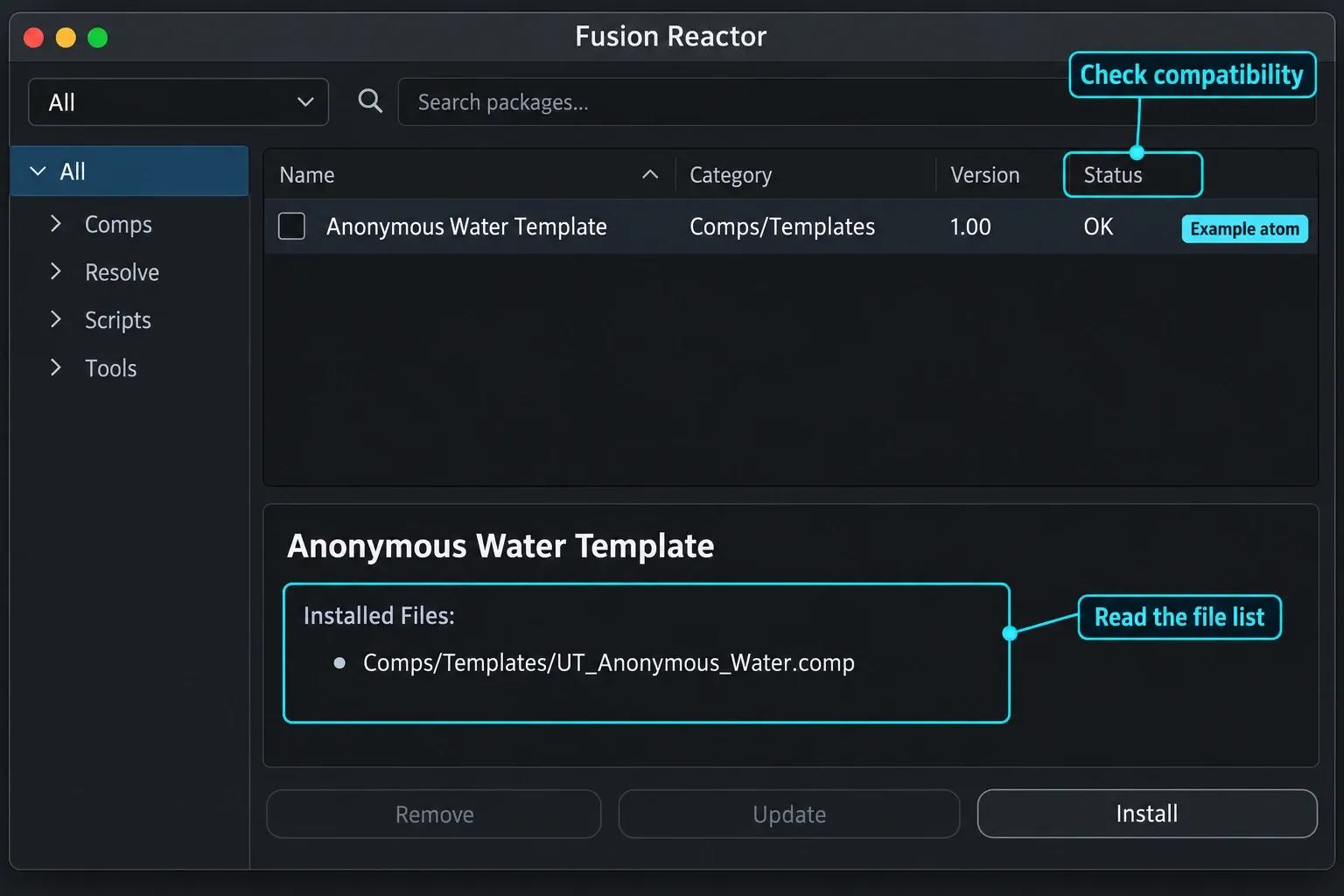 Fusion Reactor package manager with the Status column highlighted and the selected atom’s Installed Files list below.