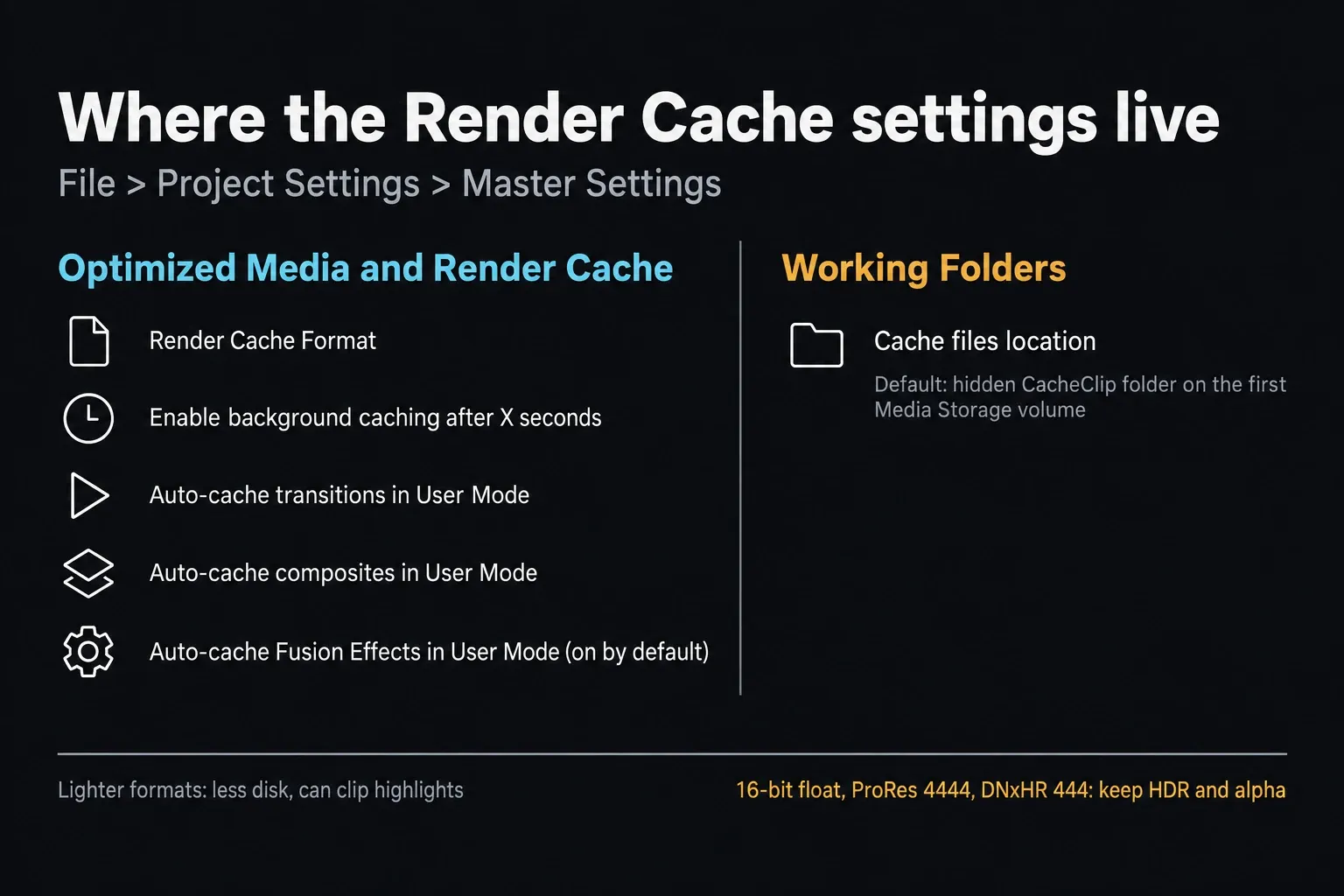 Render Cache settings in Master Settings: Render Cache Format, the background caching delay and three User Mode auto-cache options under Optimized Media and Render Cache, and Cache files location with its default CacheClip folder under Working Folders
