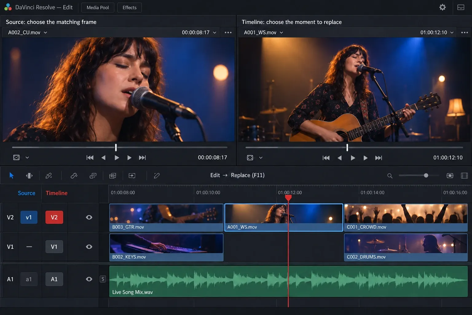 Source and Timeline Viewers show the same singing moment, with source video routed to V2 and source audio disabled for a video-only replacement.