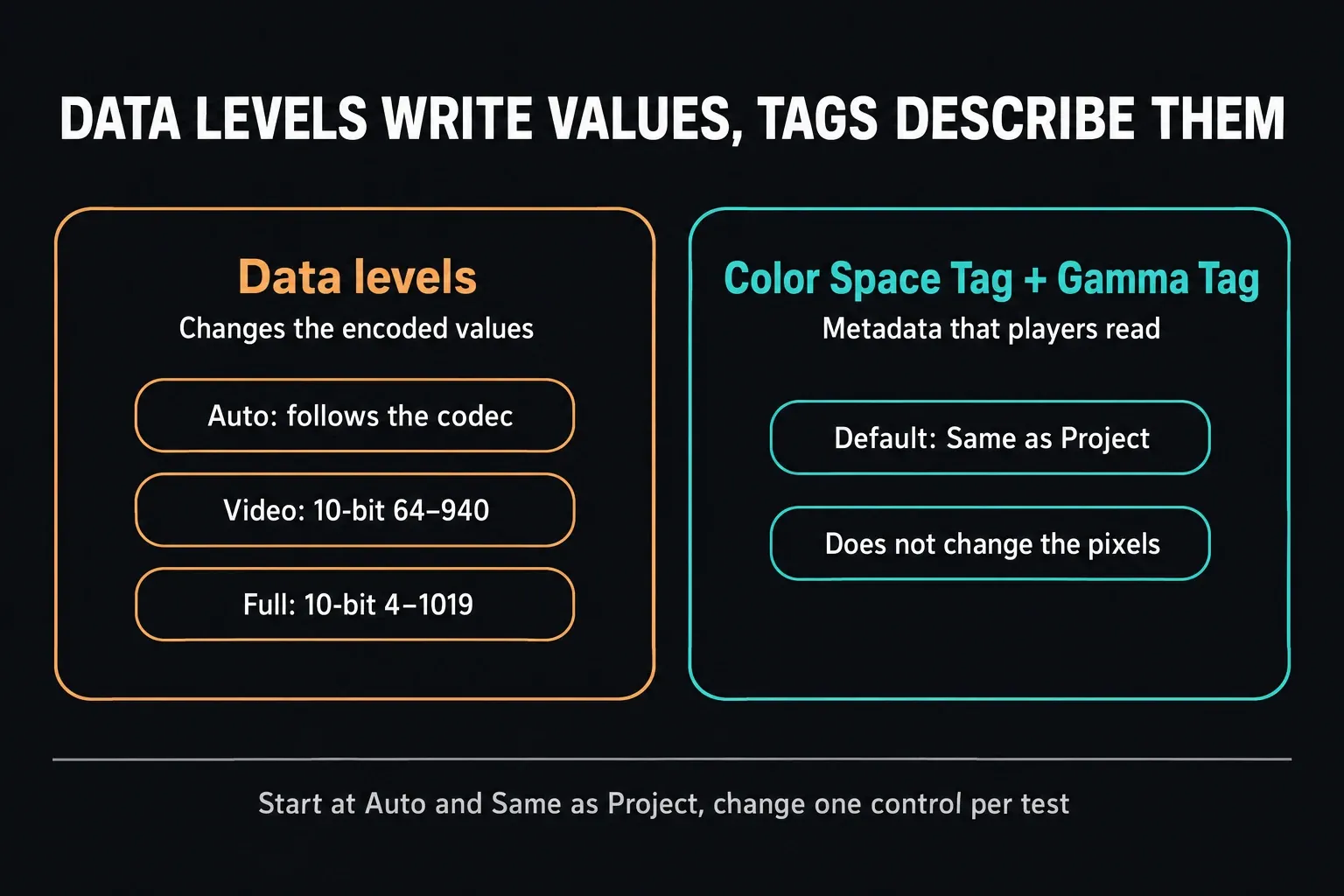 Data levels versus Color Space Tag and Gamma Tag in Resolve's Deliver Advanced Settings: Auto follows the codec, Video is 10-bit 64 to 940, Full is 10-bit 4 to 1019, while the tags default to Same as Project and don't change pixel values