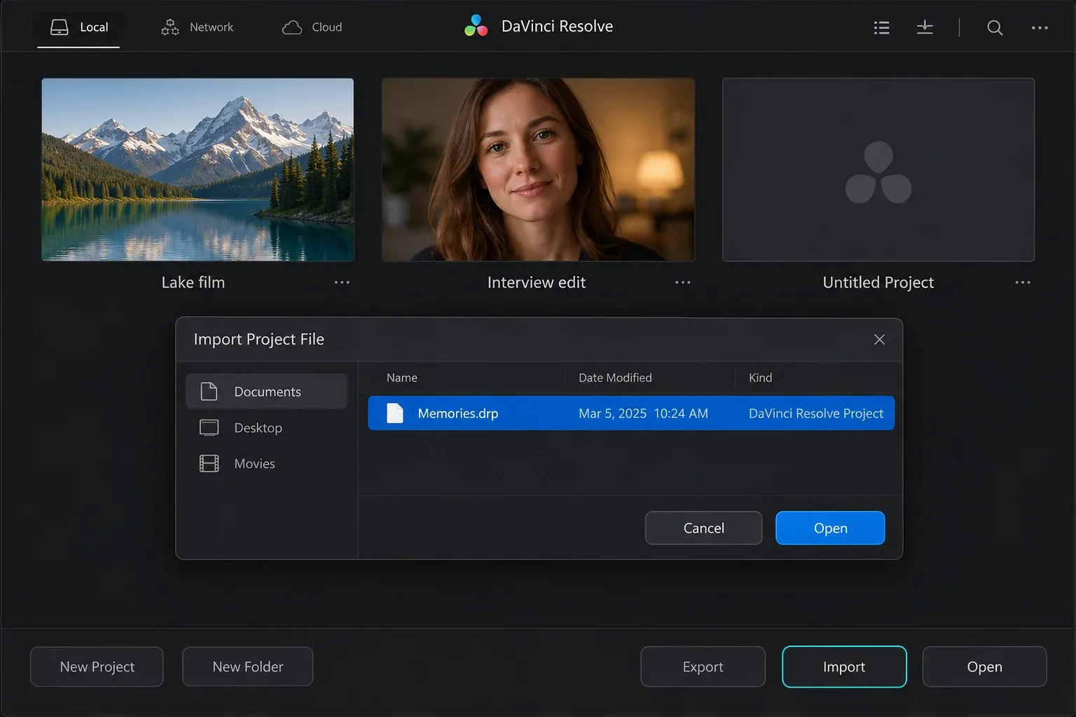 DaVinci Resolve Project Manager with the Import button highlighted and Memories.drp selected in an Import Project File dialog.