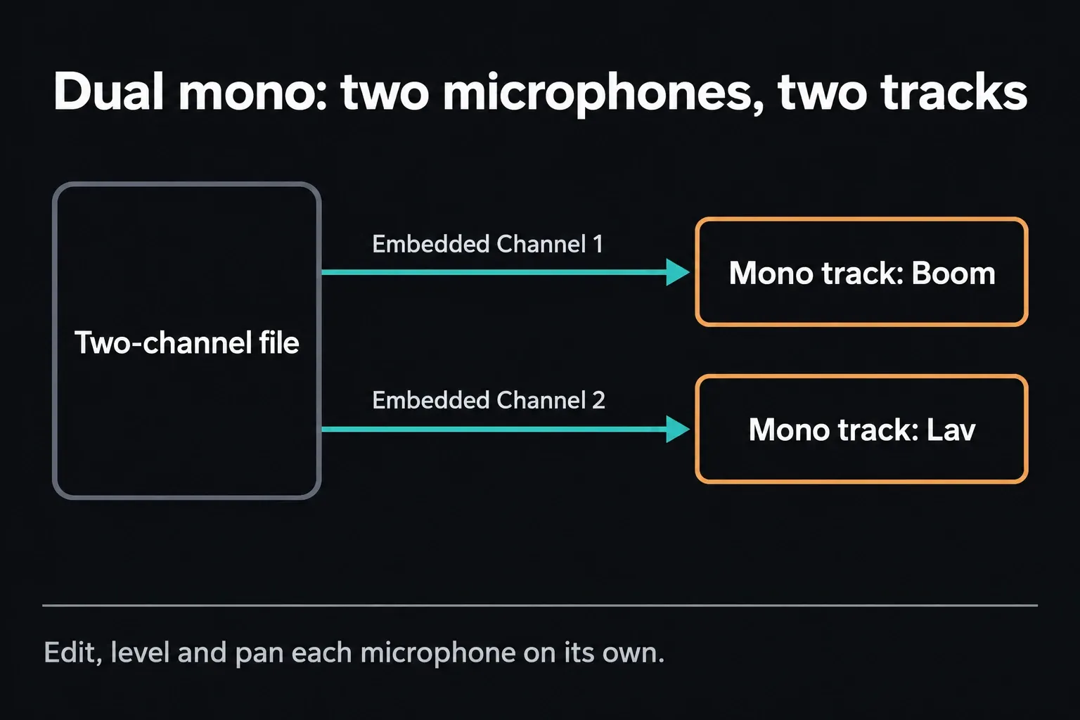 A two-channel file split into two mono tracks: Embedded Channel 1 feeds a boom track and Embedded Channel 2 feeds a lav track