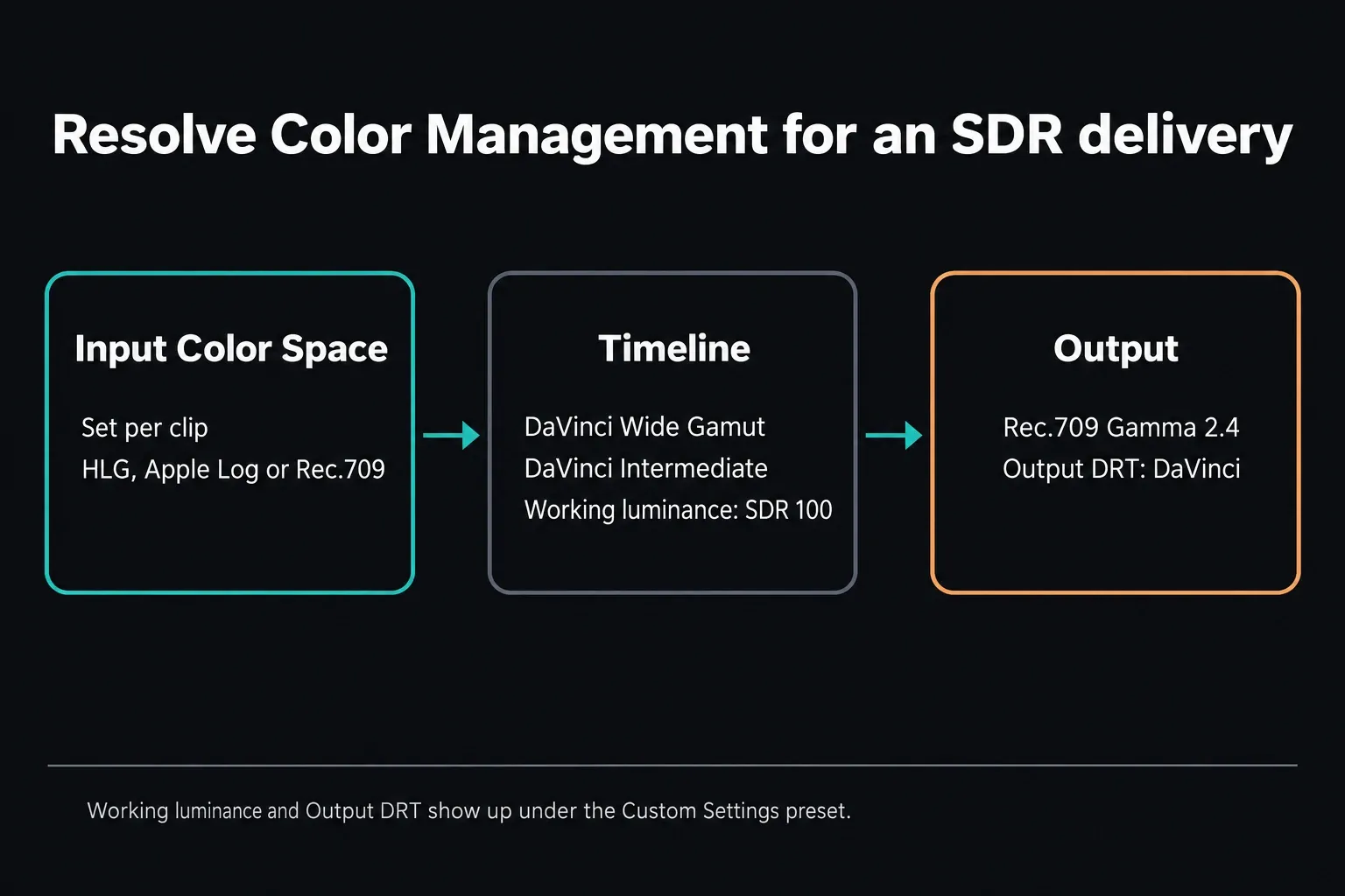 Resolve Color Management chain for SDR delivery: Input Color Space set per clip, a DaVinci Wide Gamut / DaVinci Intermediate timeline at SDR 100, and a Rec.709 Gamma 2.4 output with the DaVinci Output DRT