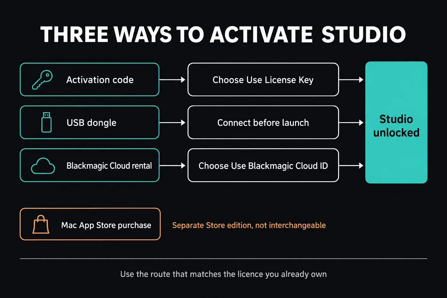 Three routes to activate DaVinci Resolve Studio: an activation code with Use License Key, a USB dongle connected before launch, and a Blackmagic Cloud rental with Use Blackmagic Cloud ID; a Mac App Store purchase is shown separately as its own Store edition