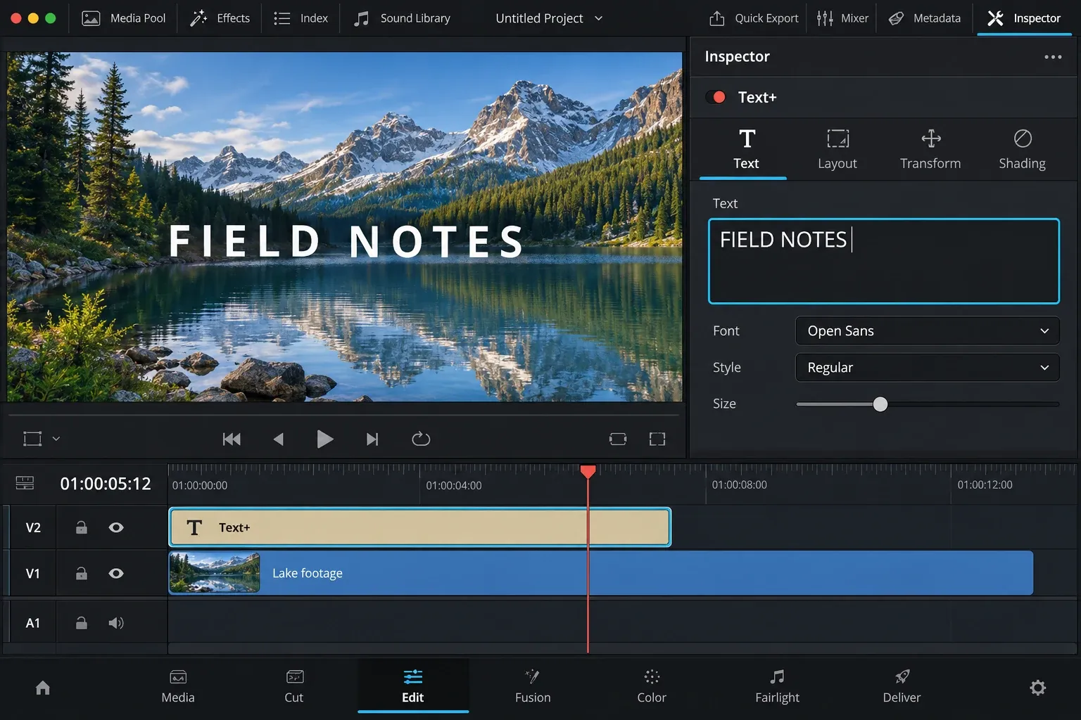 DaVinci Resolve Edit page with a selected Text+ clip above lake footage and its text, font and size controls open in the Inspector.