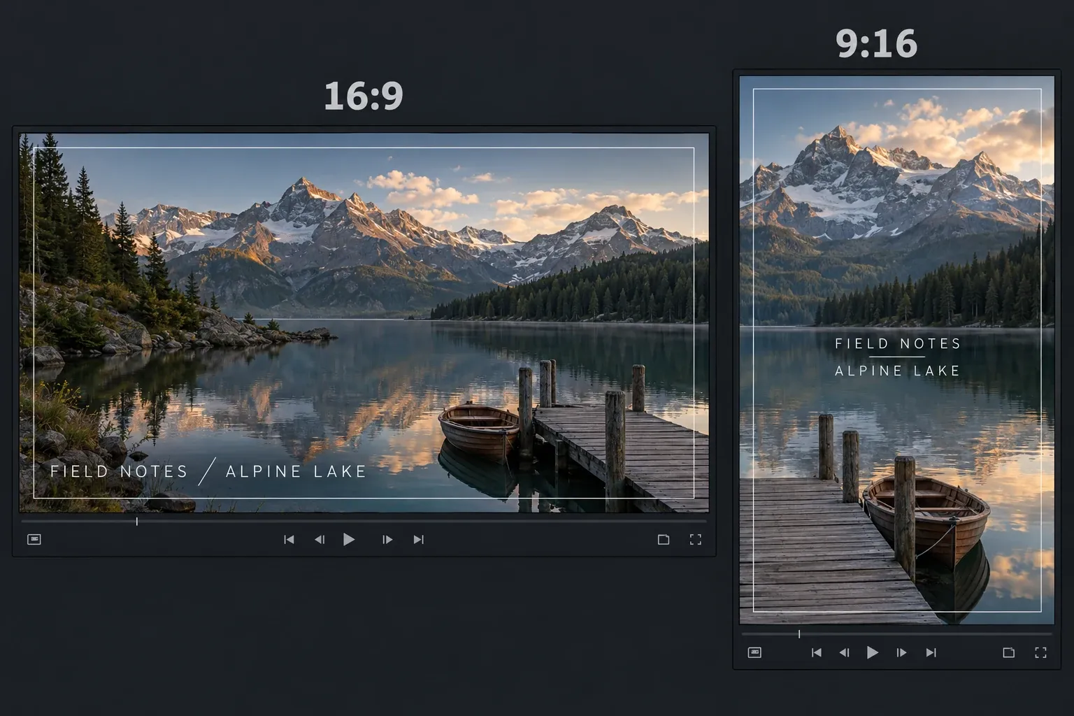 Landscape and vertical video viewers showing a lake title changed from one wide line to two shorter centered lines inside framing guides.