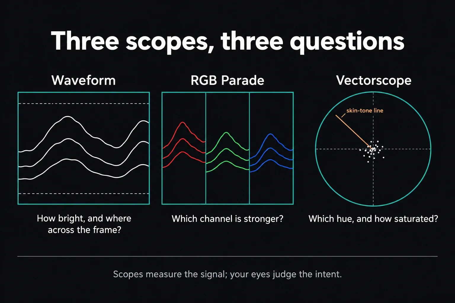Diagram comparing the waveform, RGB parade and vectorscope, with the skin-tone line marked on the vectorscope