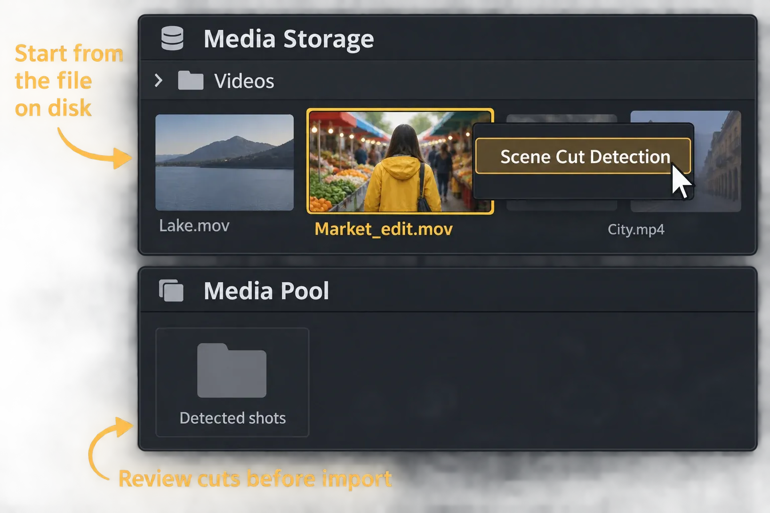 The Media Storage browser selects Market_edit.mov with Scene Cut Detection in its context menu; a separate Media Pool bin waits below.