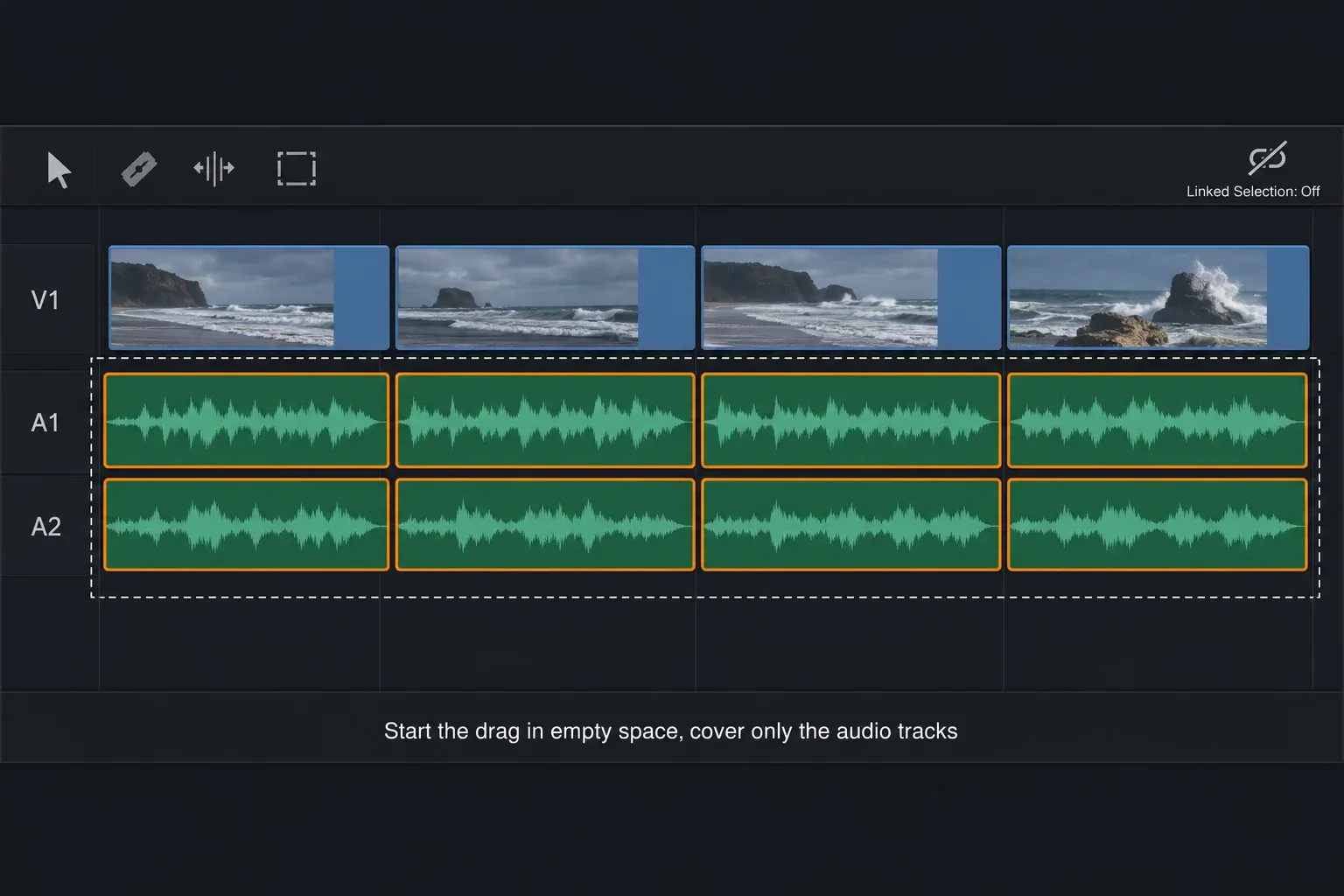 Timeline with Linked Selection off and a dashed selection box dragged from empty space below A2 over the audio of four clips on A1 and A2, while the video clips on V1 stay unselected