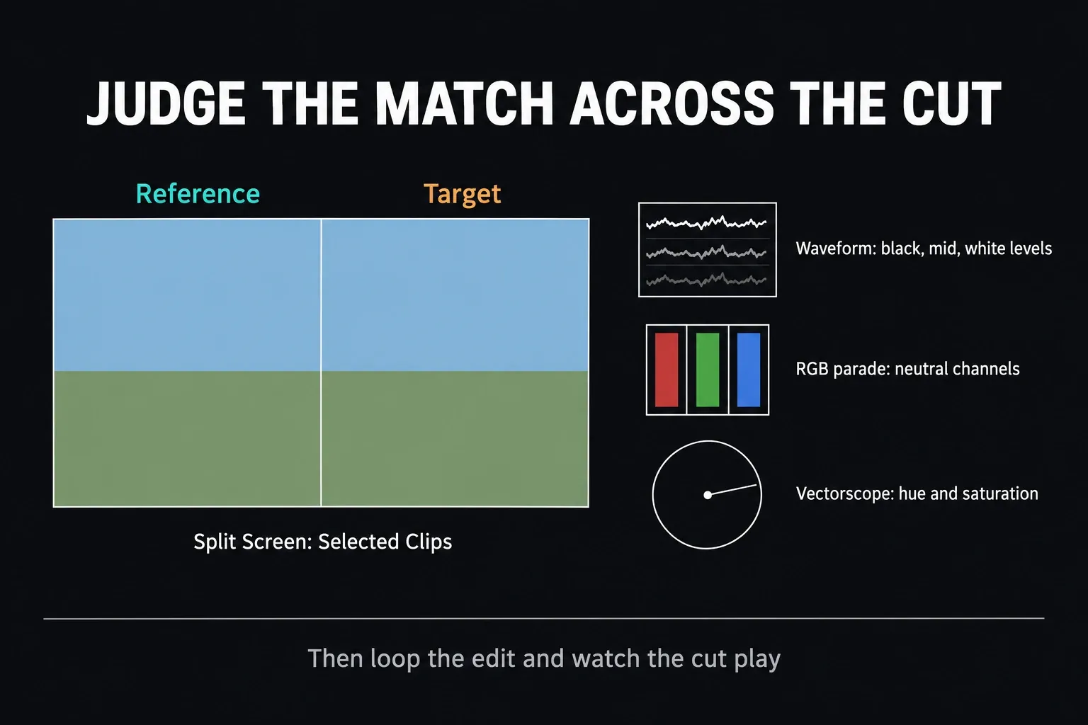 Split Screen Selected Clips view with reference and target side by side, next to waveform, RGB parade and vectorscope checks for black, mid and white levels, neutral channels, hue and saturation