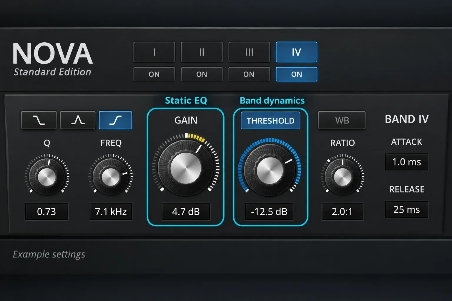 TDR Nova Band IV controls with Gain and Threshold highlighted beside frequency, ratio, attack and release settings.