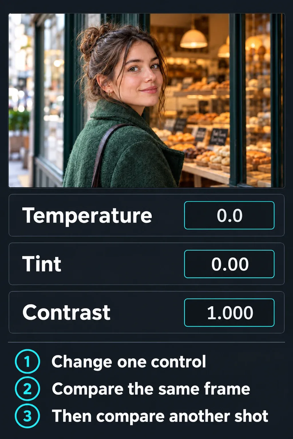 Color practice view pairs Temperature, Tint and Contrast controls with prompts to compare balance and contrast on the same frame.