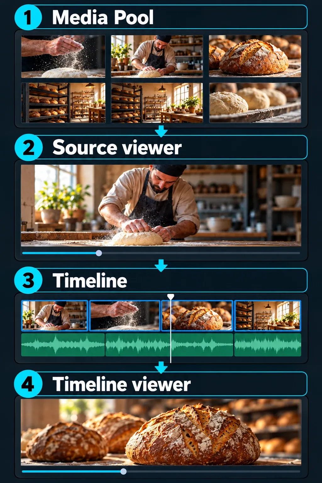 Edit page learning view identifies the Media Pool, source viewer, timeline viewer and video and audio tracks.