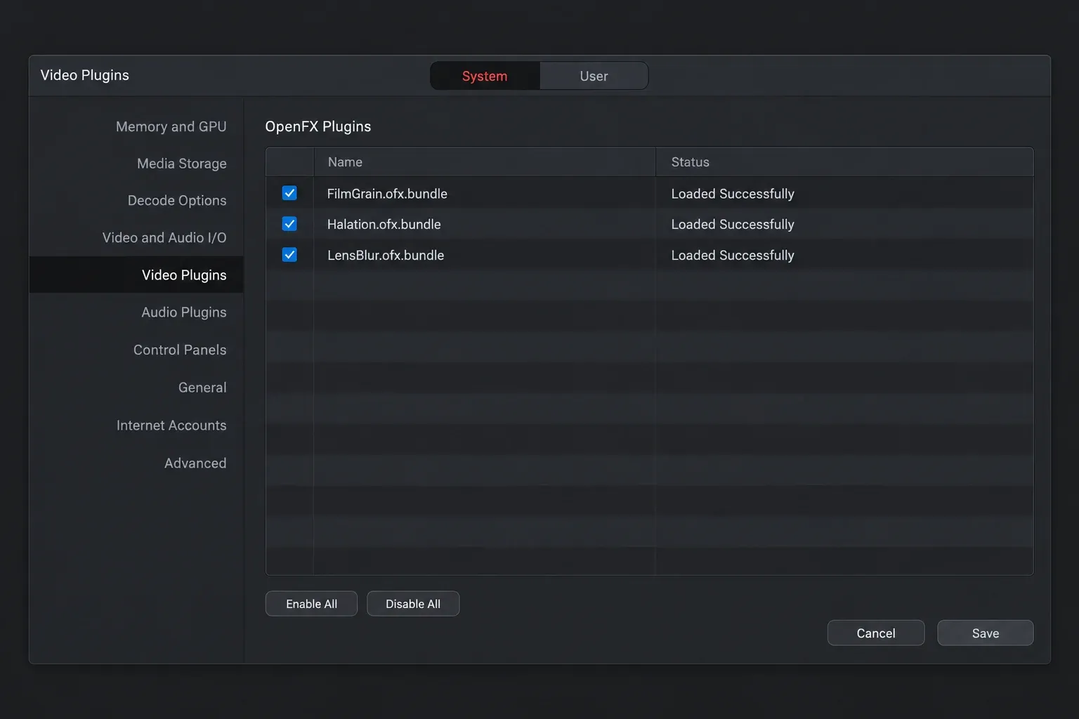 Video Plugins preferences on the System tab listing FilmGrain, Halation and LensBlur .ofx.bundle, each ticked and Loaded Successfully, with Enable All and Disable All buttons