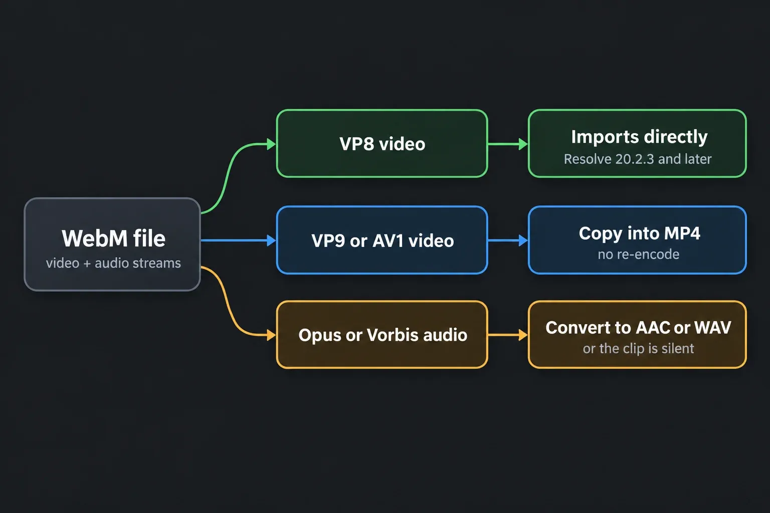 Flow chart of a WebM file split three ways: VP8 video imports directly in Resolve 20.2.3 and later, VP9 or AV1 video is copied into MP4, and Opus or Vorbis audio is converted to AAC or WAV