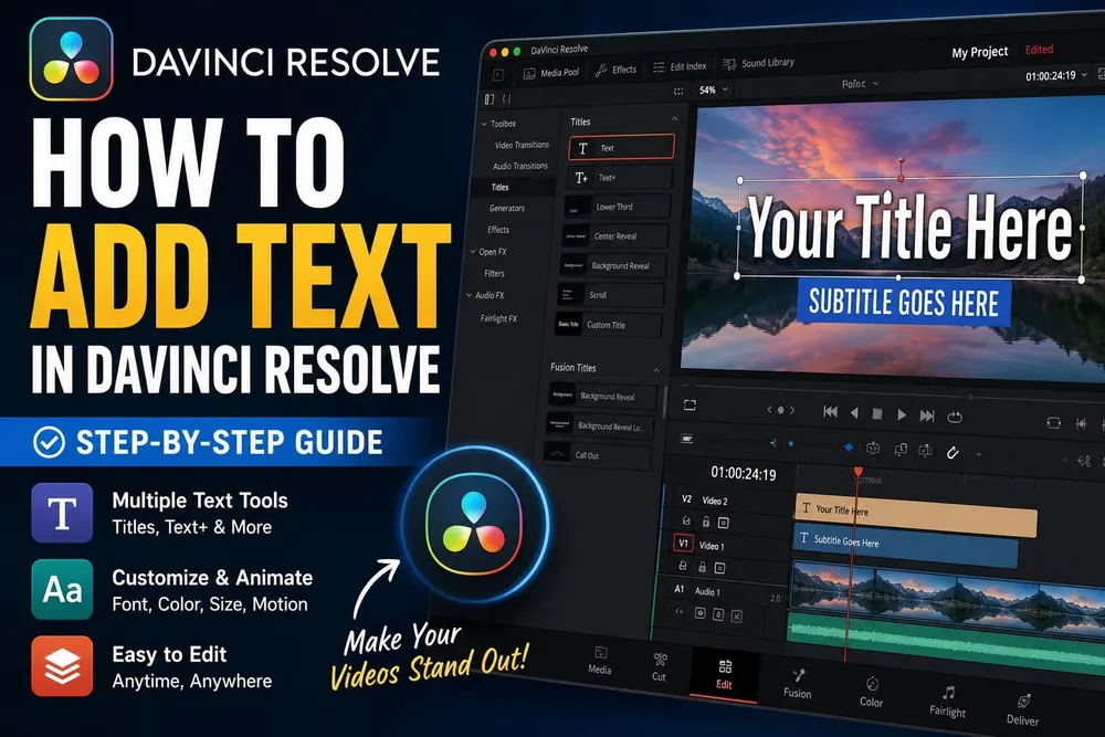 DaVinci Resolve Text and Text Plus title tools on the Edit page