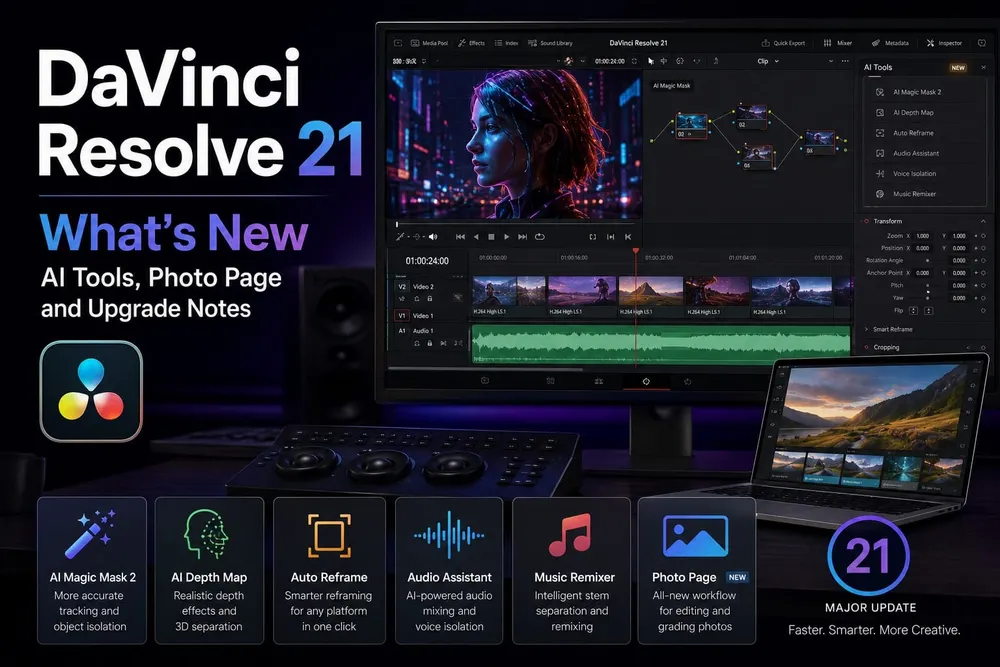 DaVinci Resolve 21 interface highlighting the Photo page and new AI tools